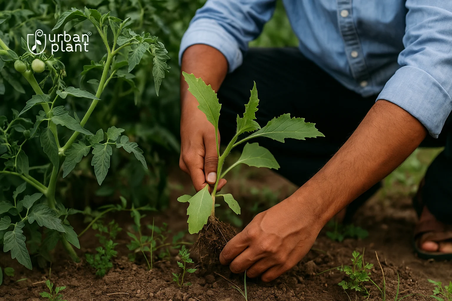 Removing weeds and inspecting plants for pest damage in a home garden — Urban Plant